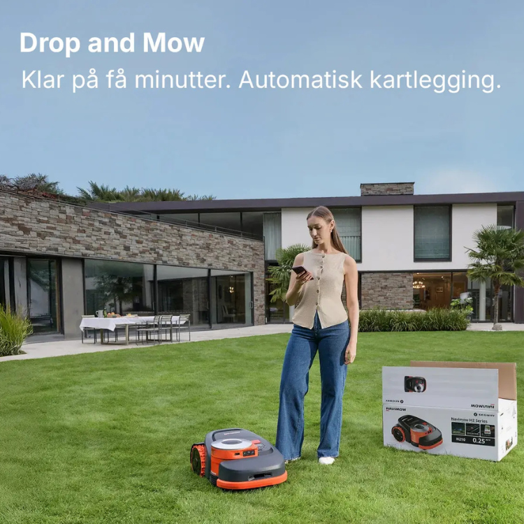 Segway Navimow robotgressklipper med Drop and Mow-funksjon, automatisk kartlegging og GPS-navigasjon. Robotklipper uten kantledning som er klar til bruk på få minutter. Leveres av Senteret AS i Egersund.