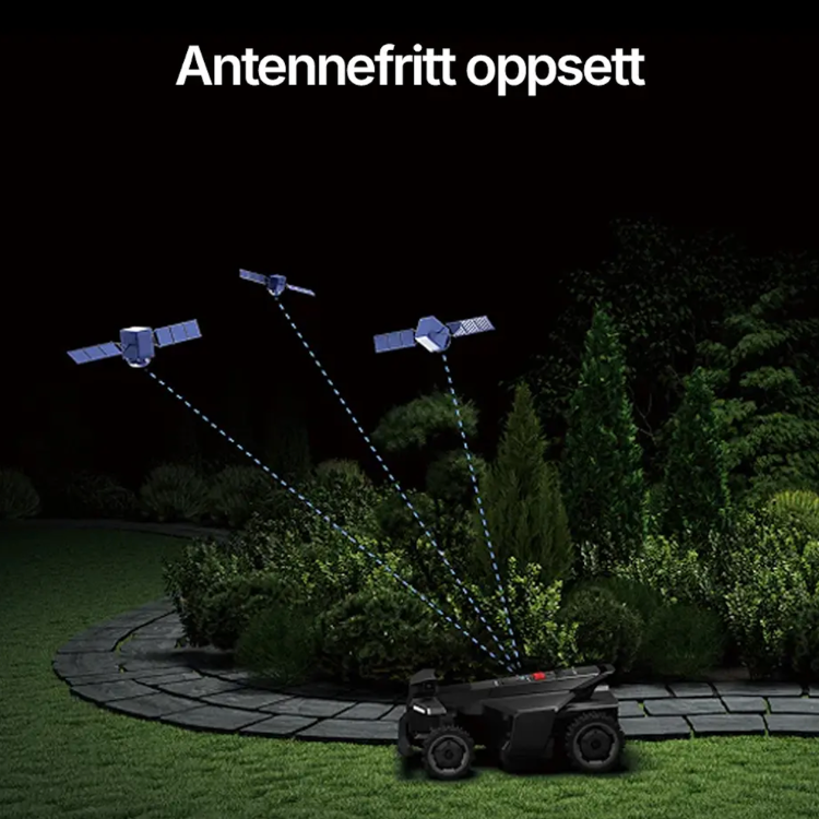 Segway Navimow X4 robotgressklipper med antennefritt oppsett, GPS-navigasjon og satellittbasert posisjonering. Enkel installasjon uten kantledning eller ekstern antenne.