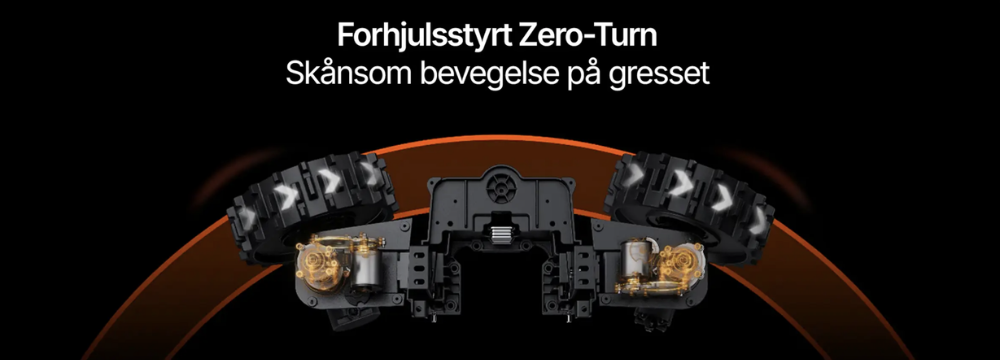 Segway Navimow X4 robotgressklipper med forhjulsstyrt Zero-Turn-teknologi og firehjulsdrift. Skånsom mot plenen, presis manøvrering og effektiv klipping uten kantledning.
