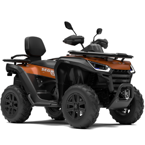 Segway Snarler AT6 L Fully Equipped i Radical Orange med passasjersete, håndbeskyttere og bagasjebrett.