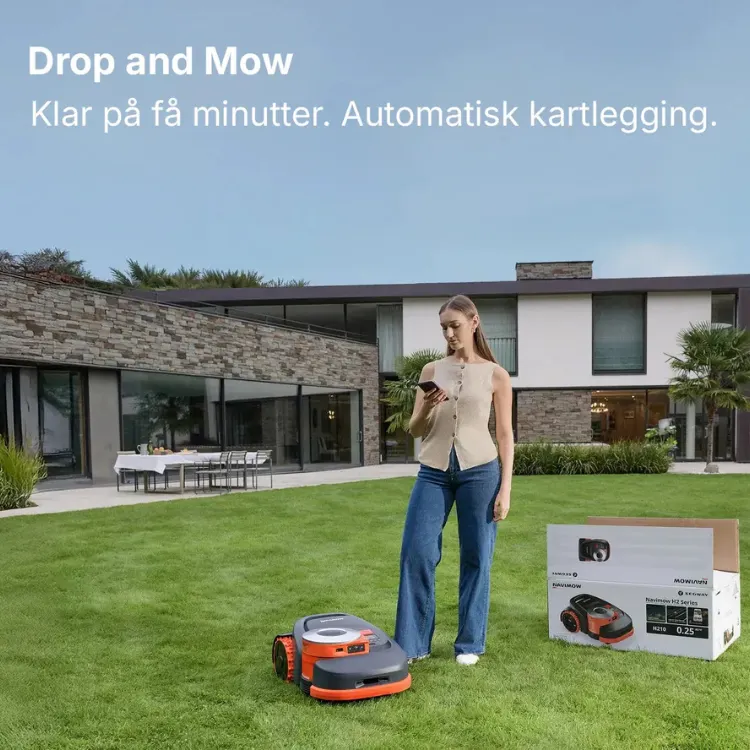 Segway Navimow robotgressklipper med Drop and Mow-funksjon, automatisk kartlegging og GPS-navigasjon. Robotklipper uten kantledning som er klar til bruk på få minutter. Leveres av Senteret AS i Egersund.