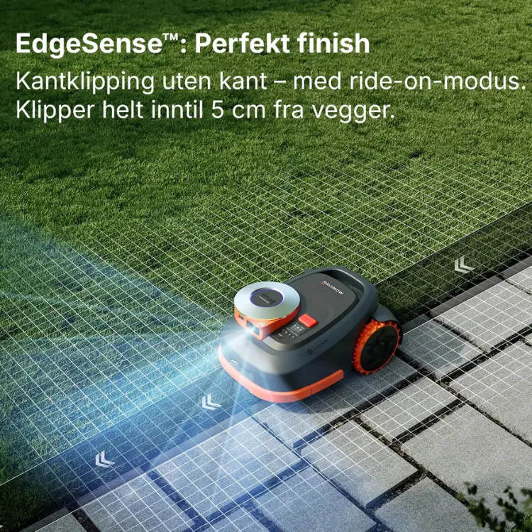 Segway Navimow EdgeSense robotgressklipper med presis kantklipping uten kantledning. Klipper tett inntil kanter, gangstier og belegningsstein for et perfekt resultat med minimal etterklipping.