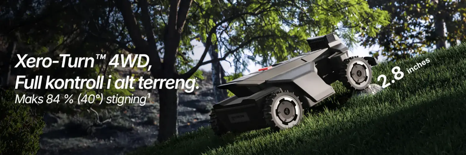 Segway Navimow X4 4WD robotgressklipper klipper bratte skråninger opptil 84 % stigning. Perfekt for kuperte hager, vanskelig terreng og plenklipping uten kantledning.