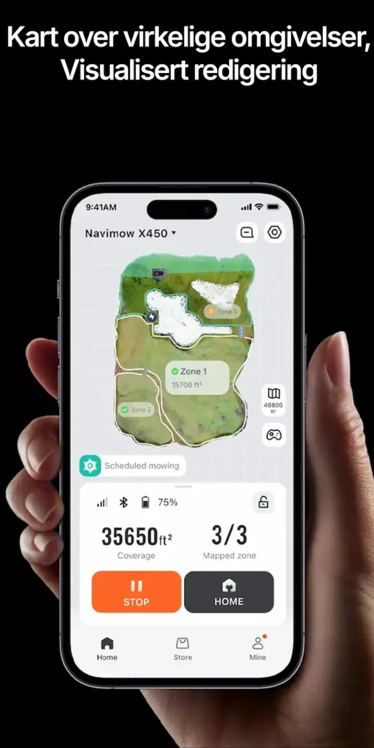 Segway Navimow X4 robotgressklipper med visualisert kartredigering i app. Opprett, rediger og administrer klippesoner direkte fra mobilen med GPS-basert navigasjon uten kantledning.